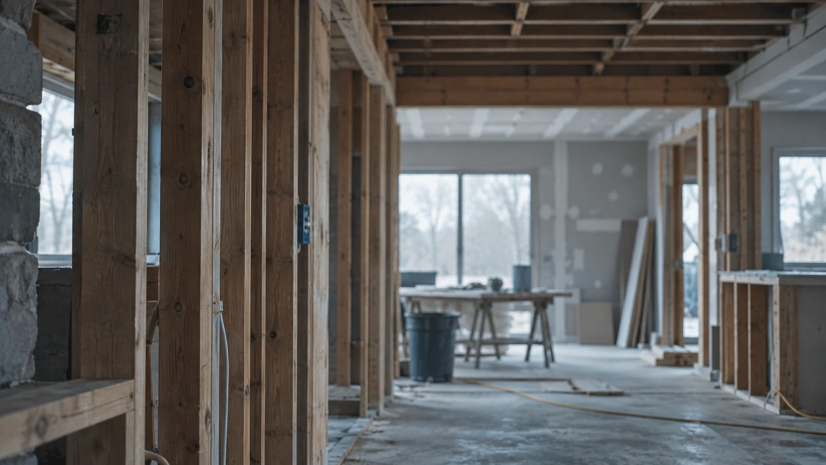 Interior of a house under renovation, exposed timber wall framing in the foreground and a part-finished room beyond